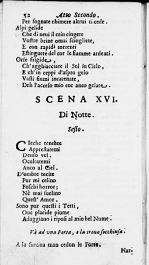 Libretto page of "Cieche tenebre", 1666, Library of Congress