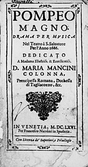 Title page of the libretto of Pompeo Magno, 1666, Library of Congress